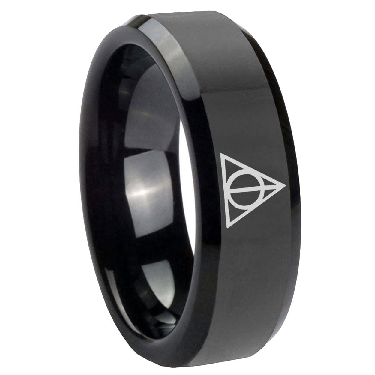 8mm Deathly Hallows Beveled Edges Black Tungsten Custom Ring