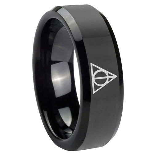 8mm Deathly Hallows Beveled Edges Black Tungsten Custom Ring