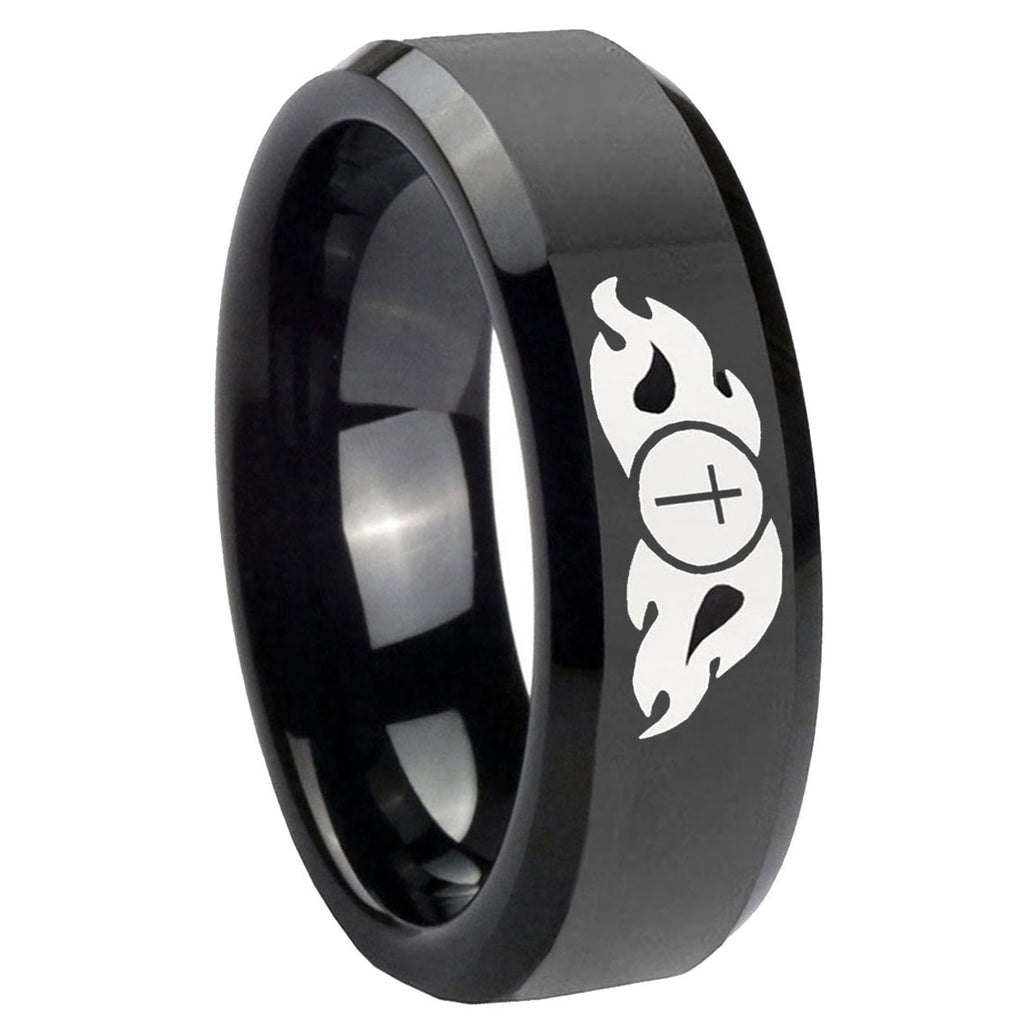 10mm Flamed Cross Beveled Edges Black Tungsten Carbide Men's Engagement Band