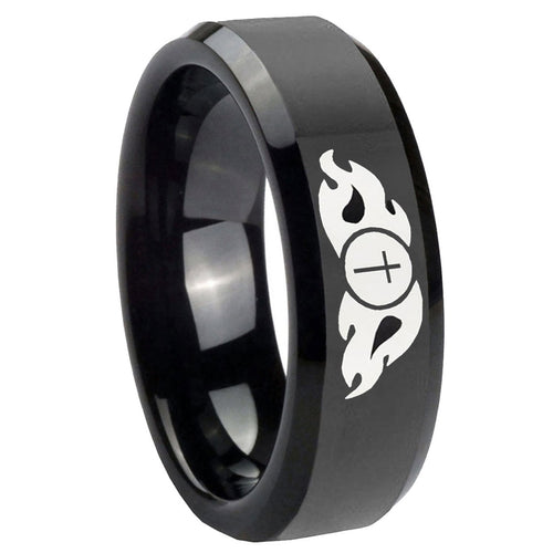 10mm Flamed Cross Beveled Edges Black Tungsten Carbide Men's Engagement Band