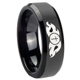 8mm Flamed Cross Beveled Edges Black Tungsten Carbide Anniversary Ring
