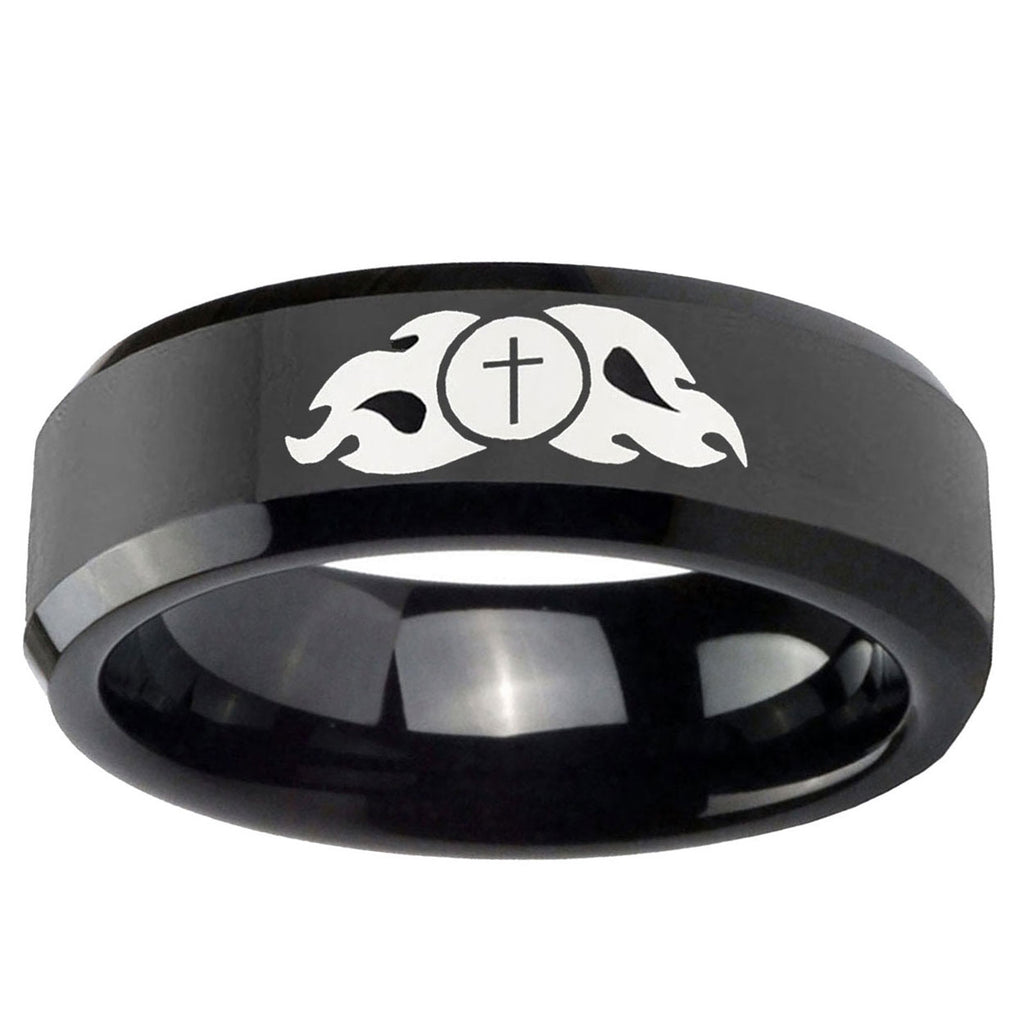 10mm Flamed Cross Beveled Edge Black Tungsten Ring
