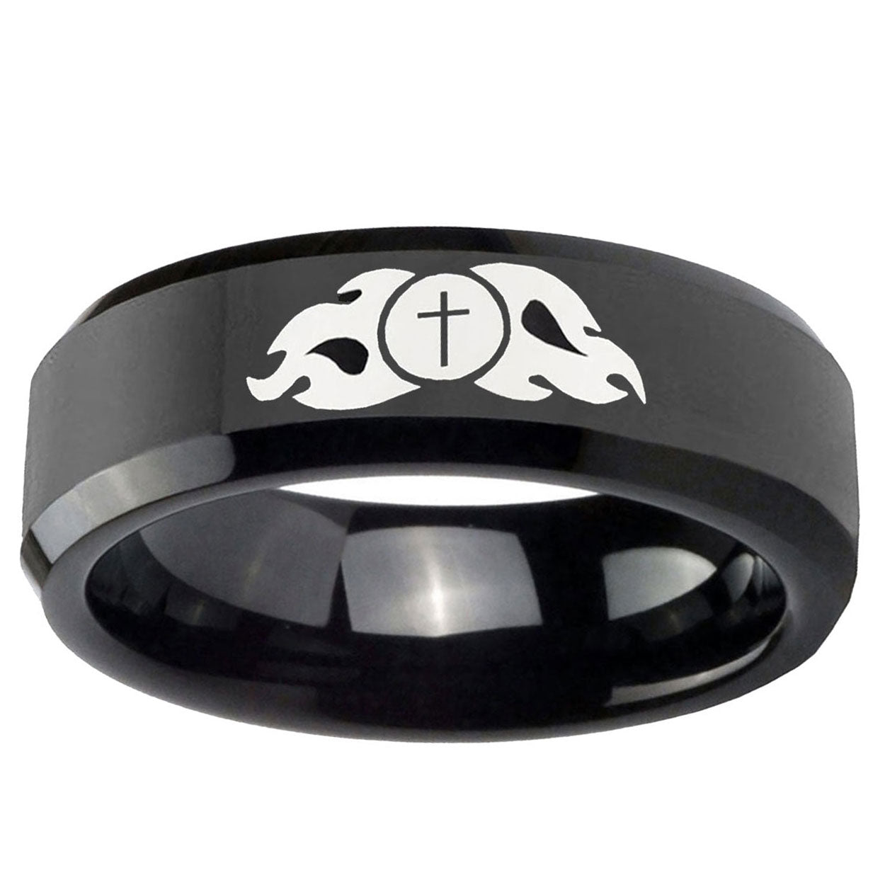 10mm Flamed Cross Beveled Edge Black Tungsten Ring