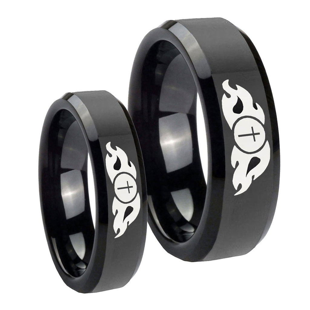 Flamed Cross Beveled Edges Black Tungsten Wedding Band Set
