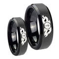 Flamed Cross Beveled Edges Black Tungsten Wedding Band Set