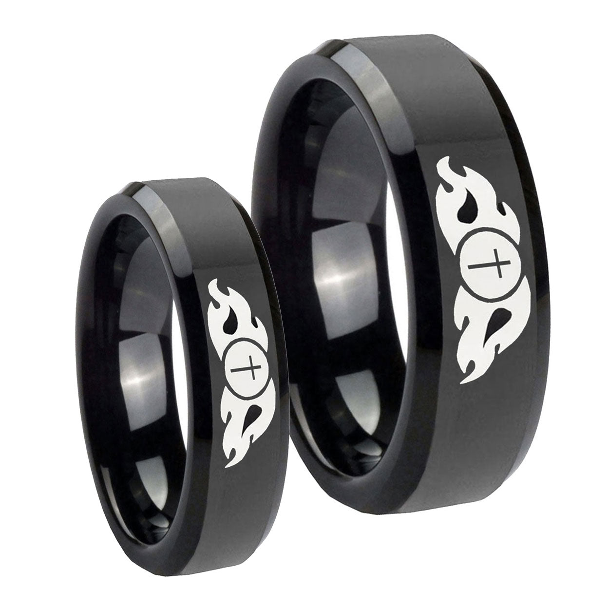 Flamed Cross Beveled Edges Black Tungsten Wedding Band Set