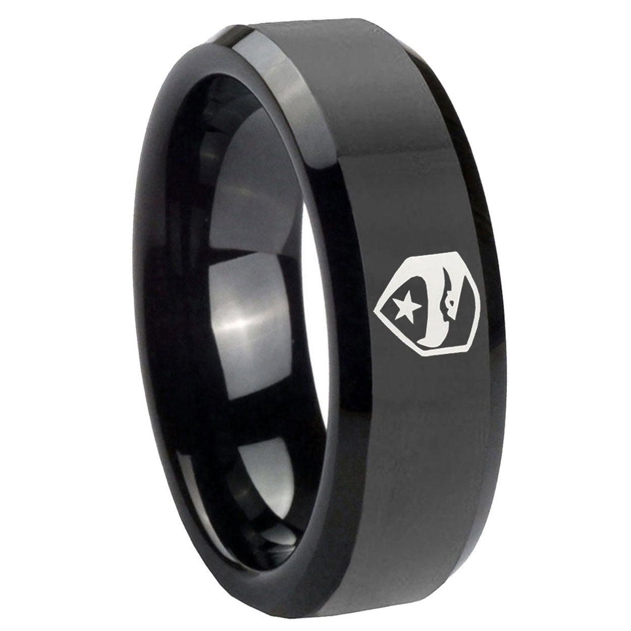 10mm GI Joe Eagle Beveled Edges Black Tungsten Carbide Mens Engagement Ring