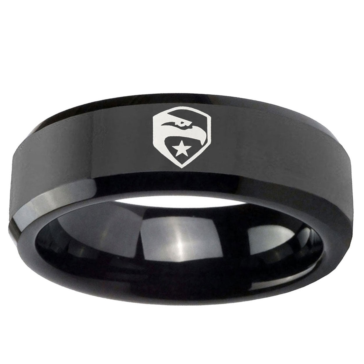 10mm GI Joe Eagle Beveled Edge Black Tungsten Carbide Mens Engagement Ring