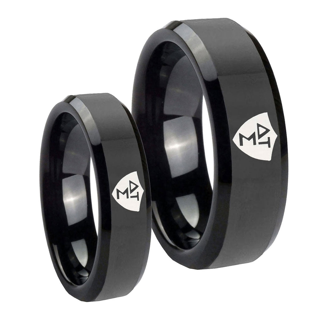 Greek CTR Beveled Edges Black Tungsten Wedding Ring Sets