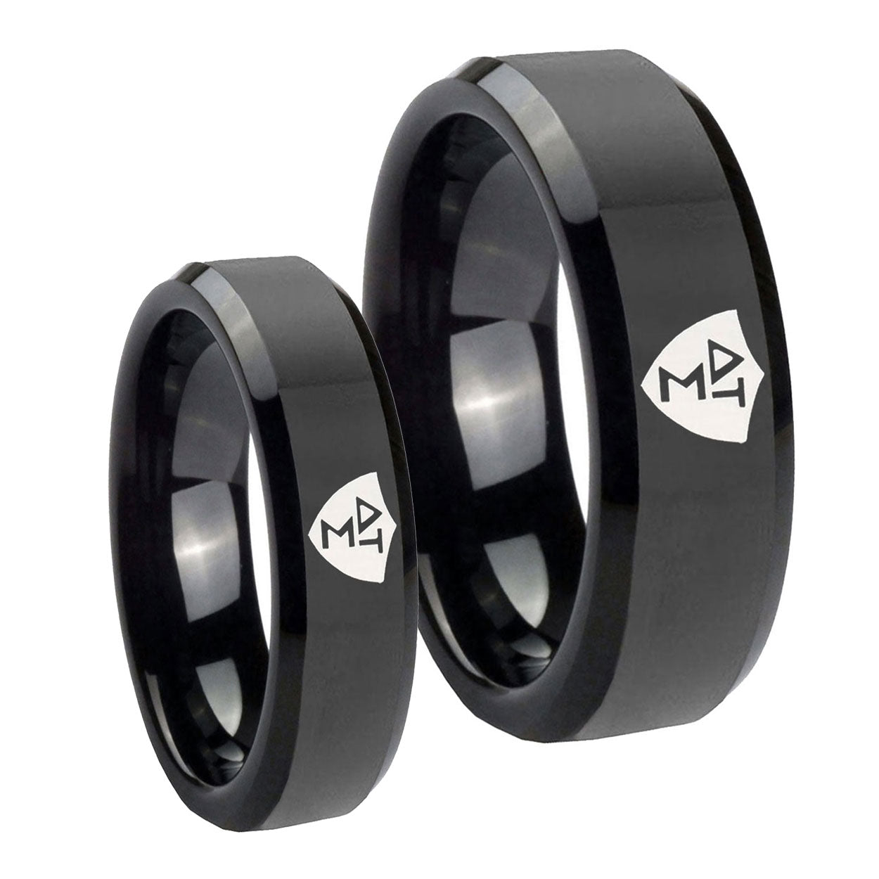 Greek CTR Beveled Edges Black Tungsten Wedding Ring Sets