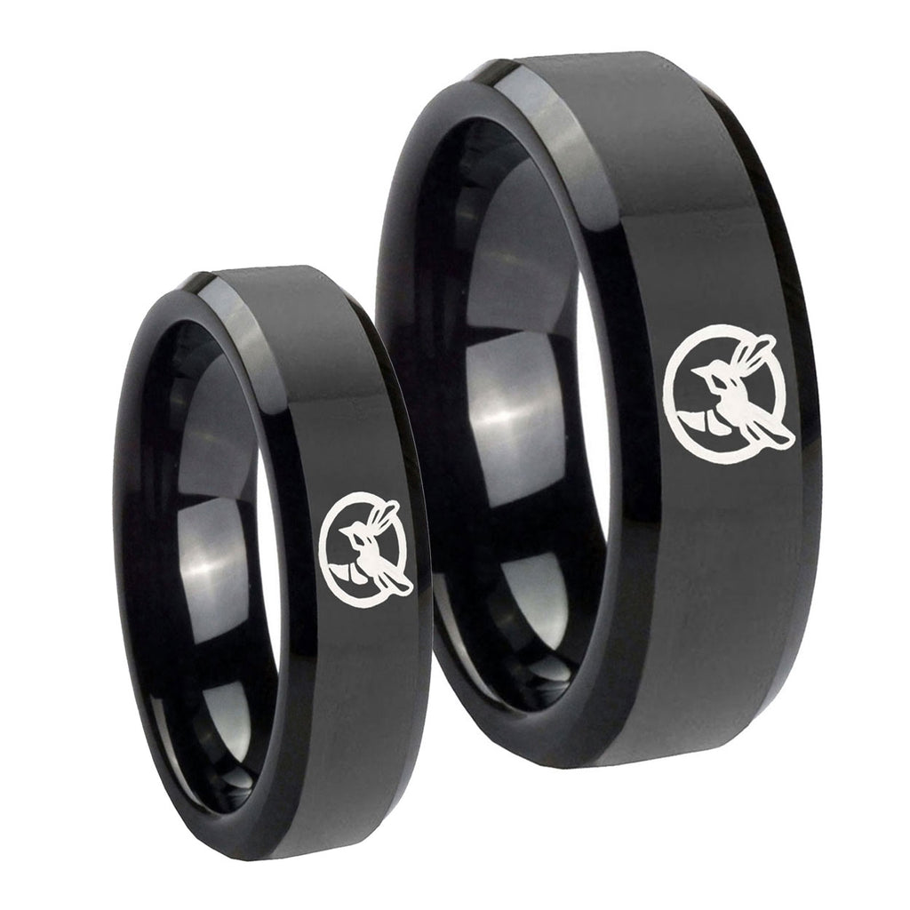 Honey Bee Beveled Edges Black Tungsten Wedding Ring Set