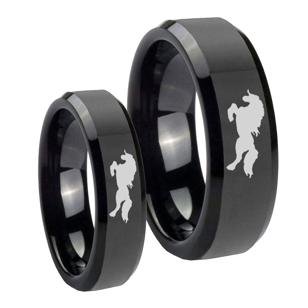 Horse Beveled Edges Black Tungsten His Hers Ring Set