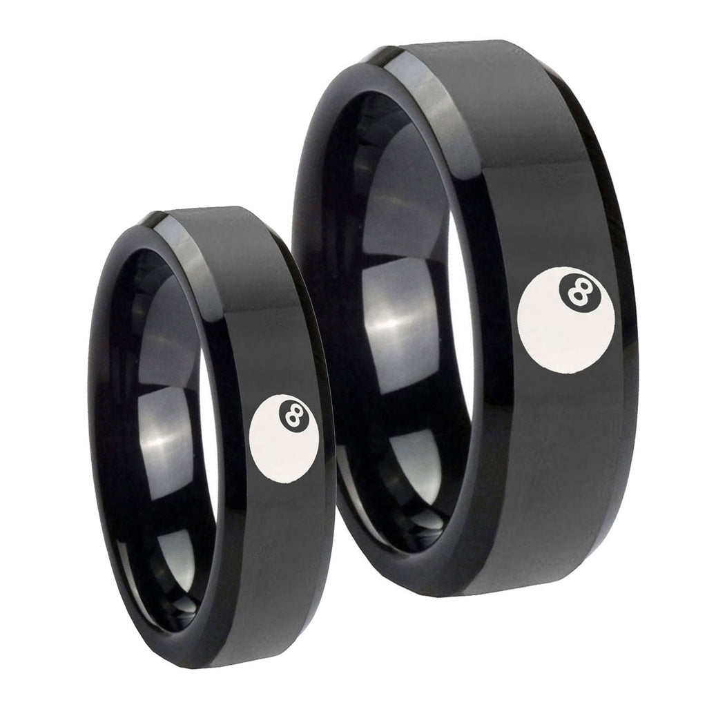8 Ball Beveled Edges Black Tungsten Wedding Ring Set