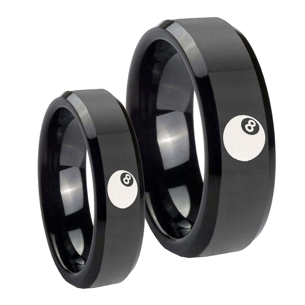 8 Ball Beveled Edges Black Tungsten Wedding Ring Set