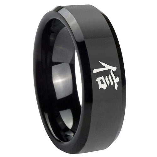 10mm Kanji Faith Beveled Edges Black Tungsten Carbide Wedding Band Ring
