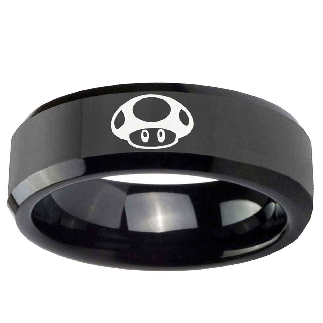10mm Mario Mushroom Beveled Edge Black Tungsten Ring