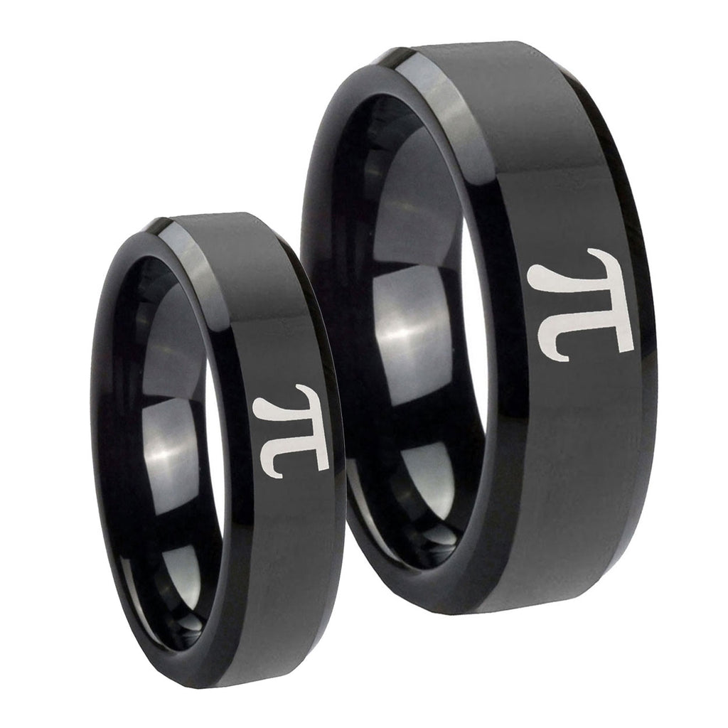 Math Pi Beveled Edges Black Tungsten Wedding Set Rings