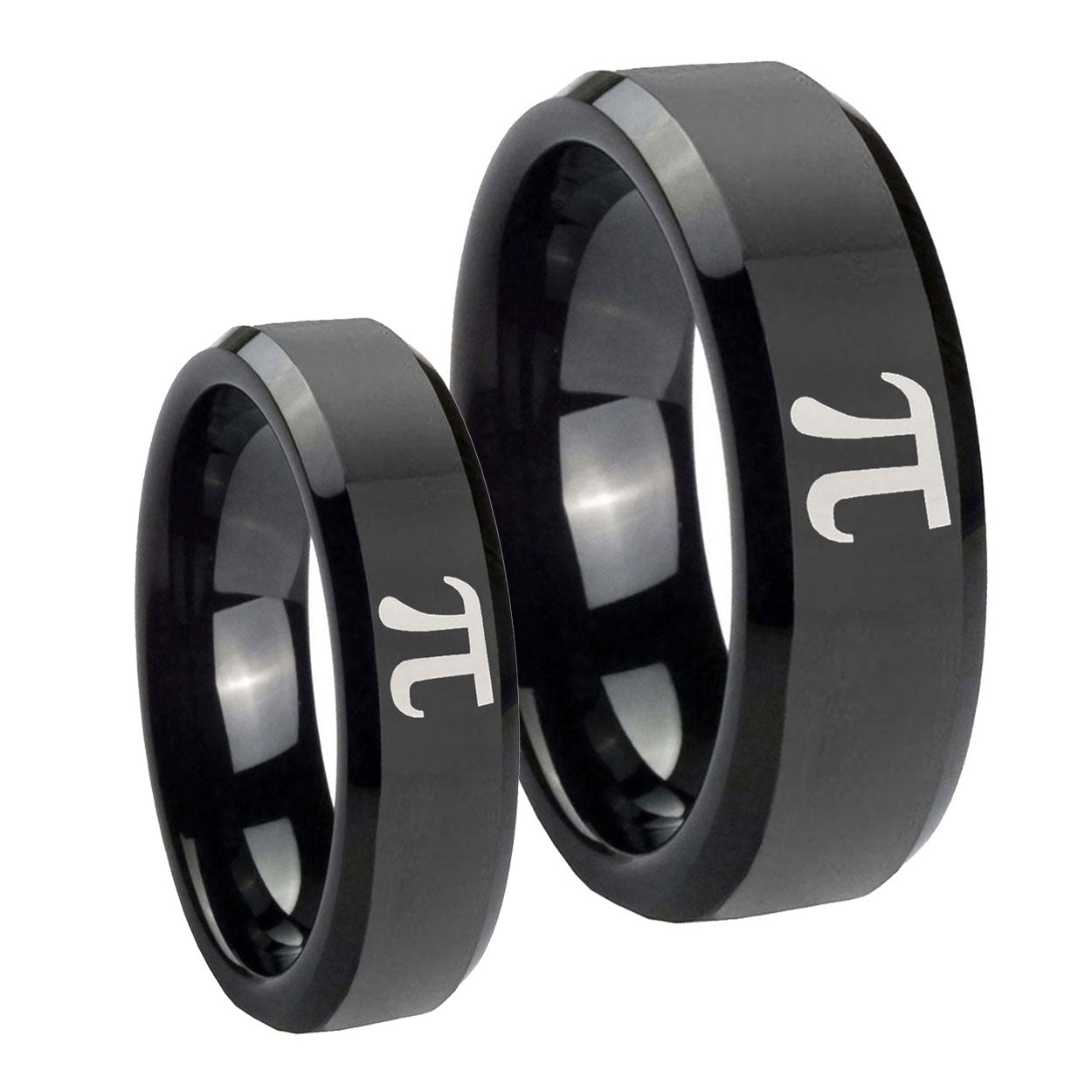 Math Pi Beveled Edges Black Tungsten Wedding Set Rings