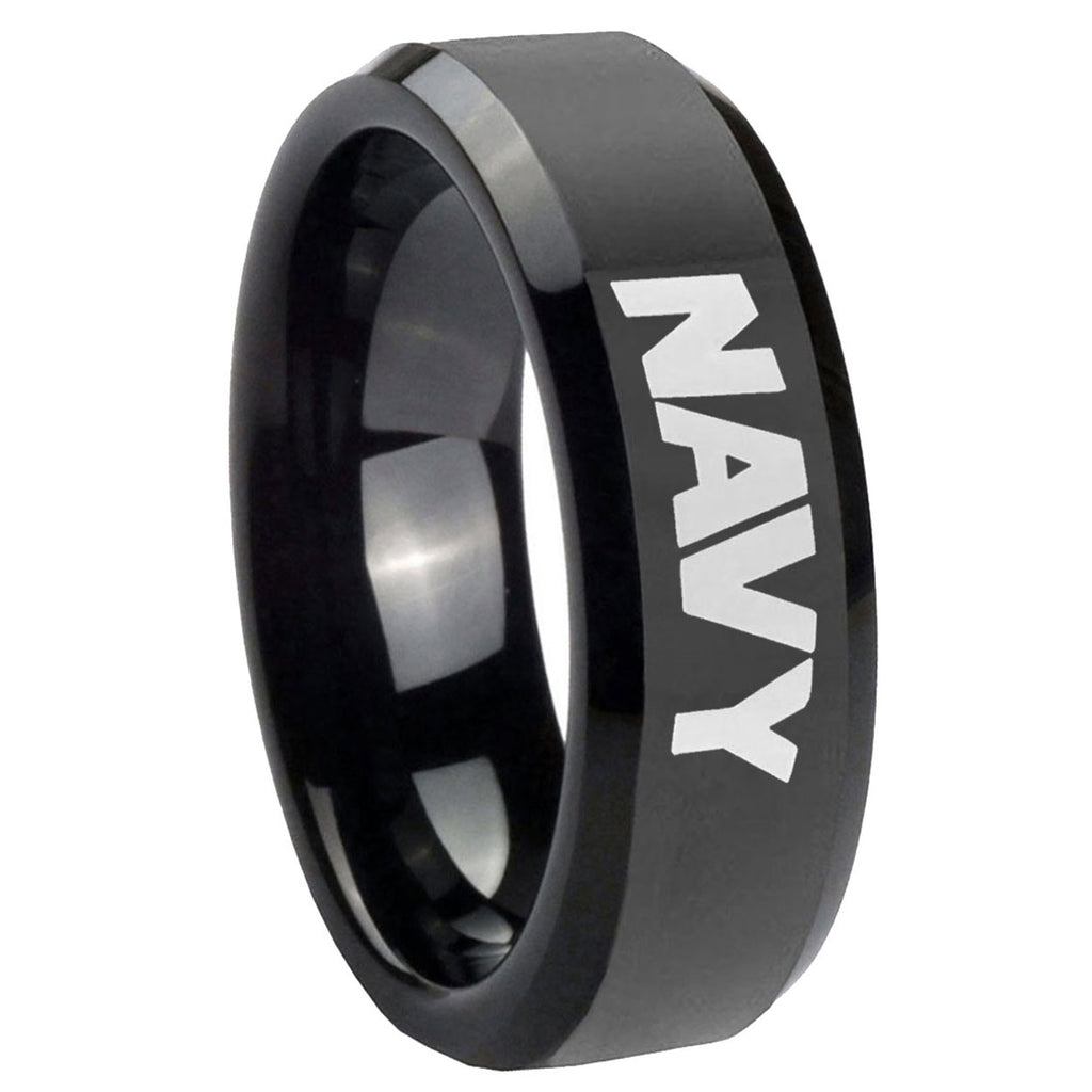10mm Navy Beveled Edges Black Tungsten Carbide Men's Wedding Band
