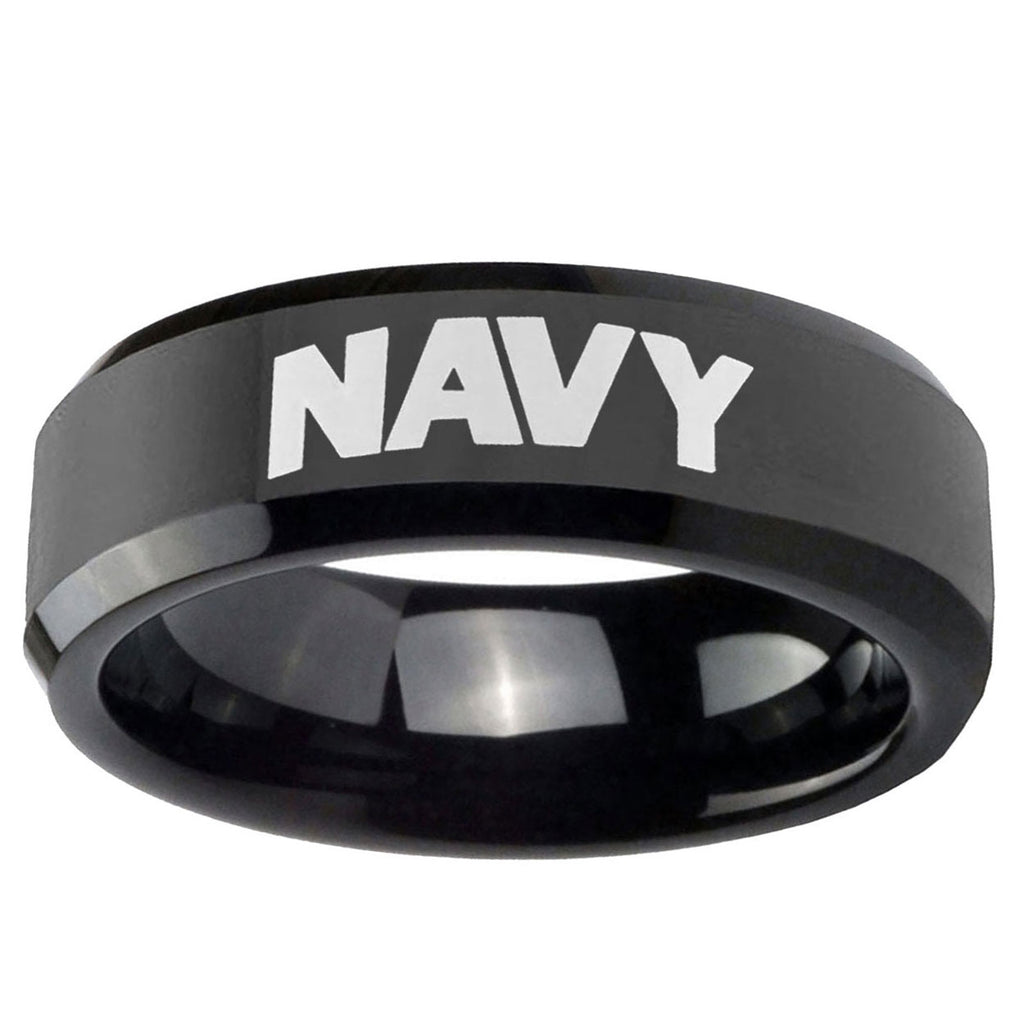 10mm Navy Beveled Edge Black Tungsten Ring