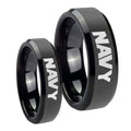 Navy Beveled Edges Black Tungsten His Hers Set Rings