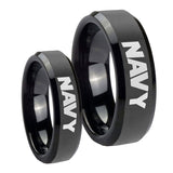Bride and Groom Navy Beveled Edges Black Tungsten Carbide Promise Ring Set