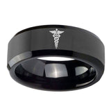 10mm-Medical-Symbol-Beveled-Edges-Black-Tungsten-Carbide-Men's-Wedding-Band