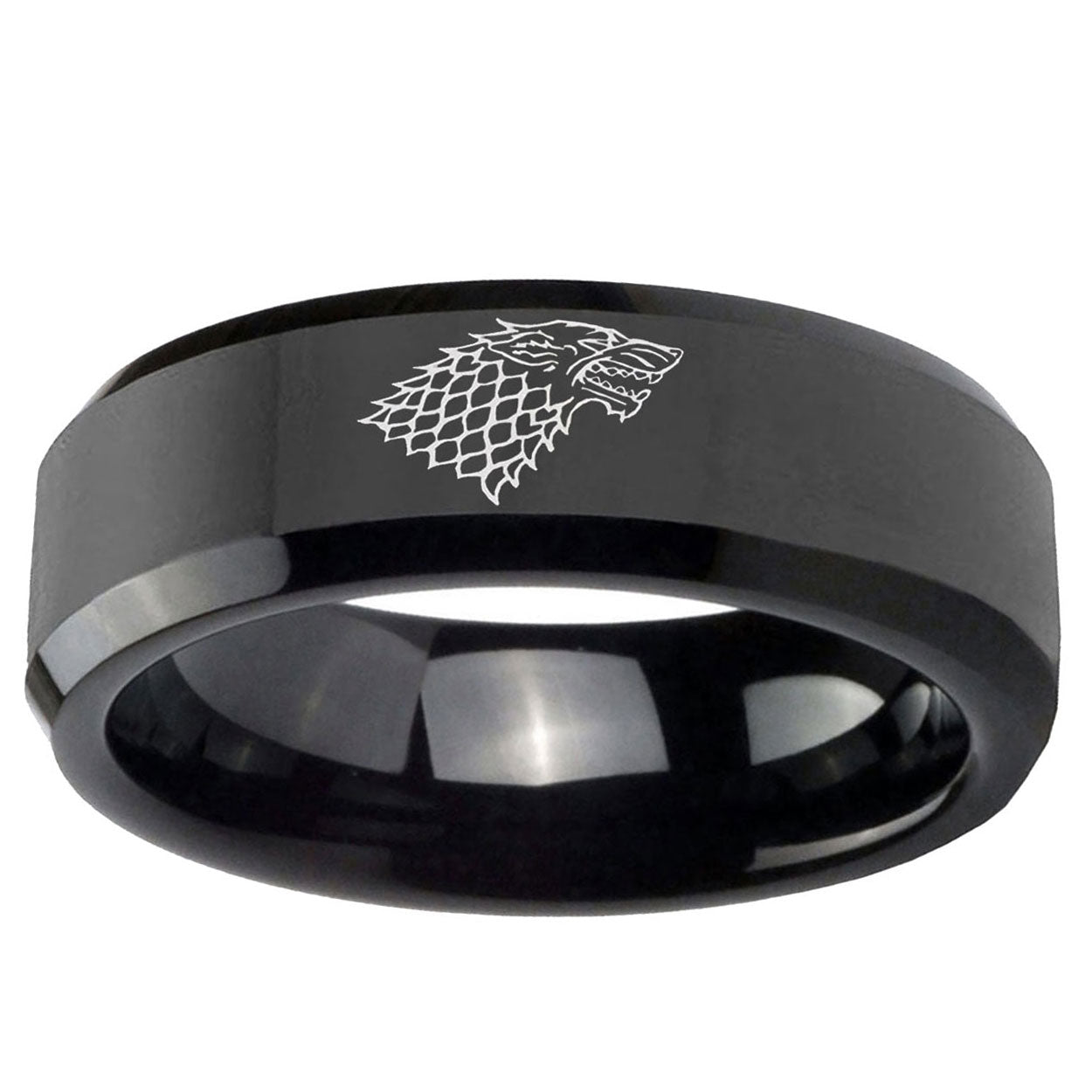 10mm Game Of Thrones House Stark Direwolf Beveled Edge Black Tungsten Ring