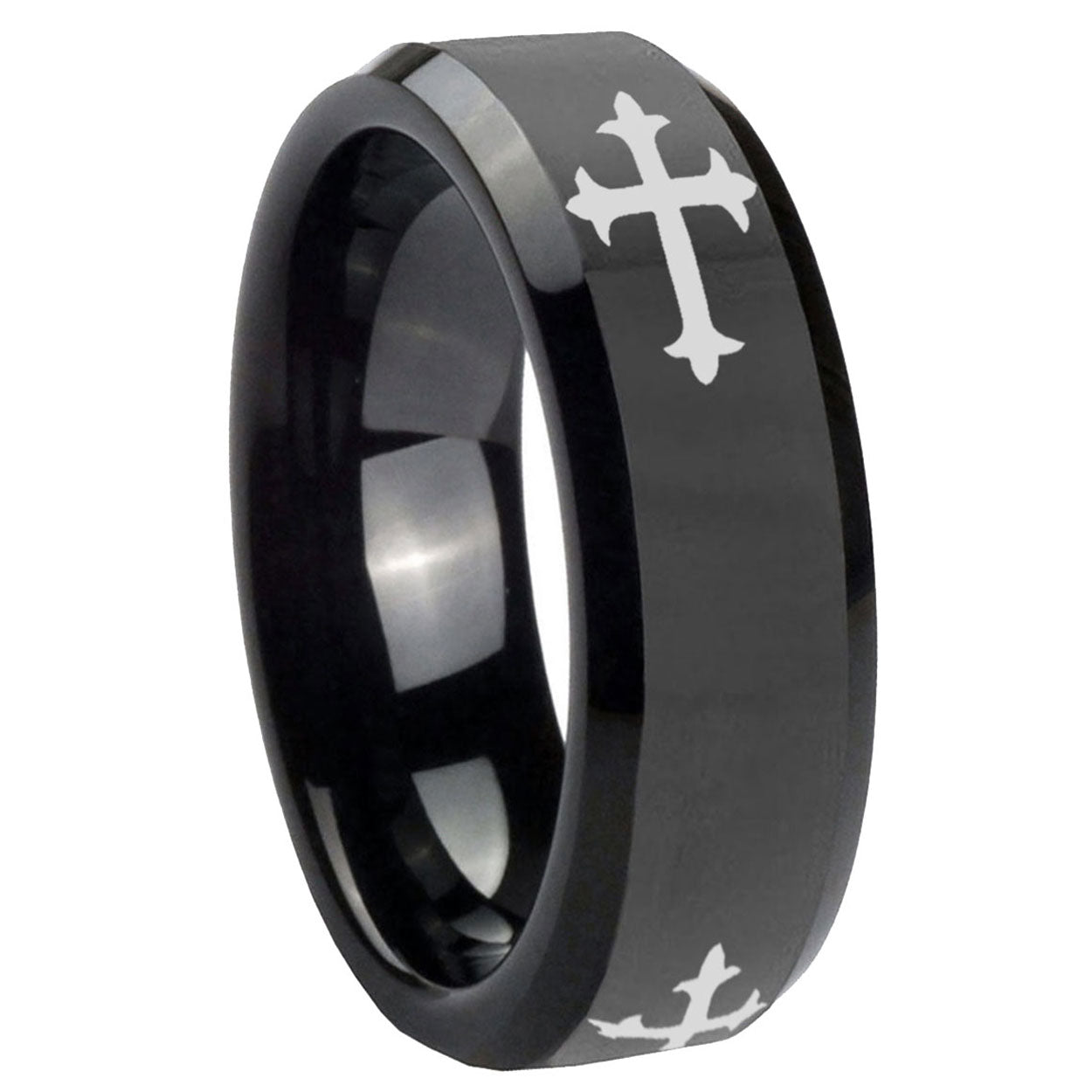 8mm Christian Cross Religious Beveled Black Tungsten Ring