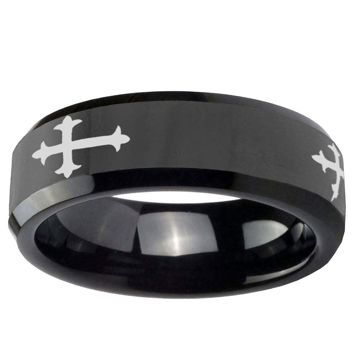 5mm Christian Cross Religious Beveled Black Tungsten Ring