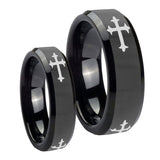 His Hers Christian Cross Religious Beveled Edges Black Tungsten Promise Ring Set