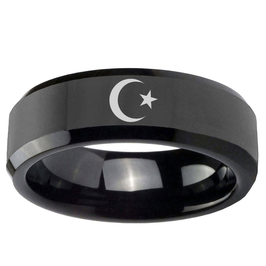 10mm Crescent Moon Stars Beveled Edge Black Tungsten Ring
