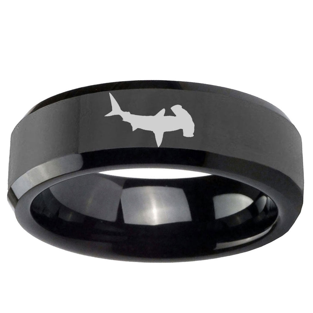 10mm Hammerhead Shark Beveled Edge Black Tungsten Ring