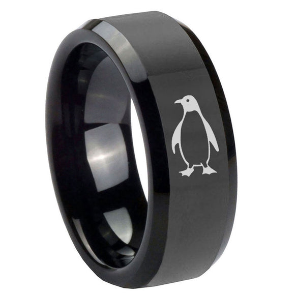 10mm-Penguin-Beveled-Edges-Black-Tungsten-Carbide-Men's-Wedding-Band