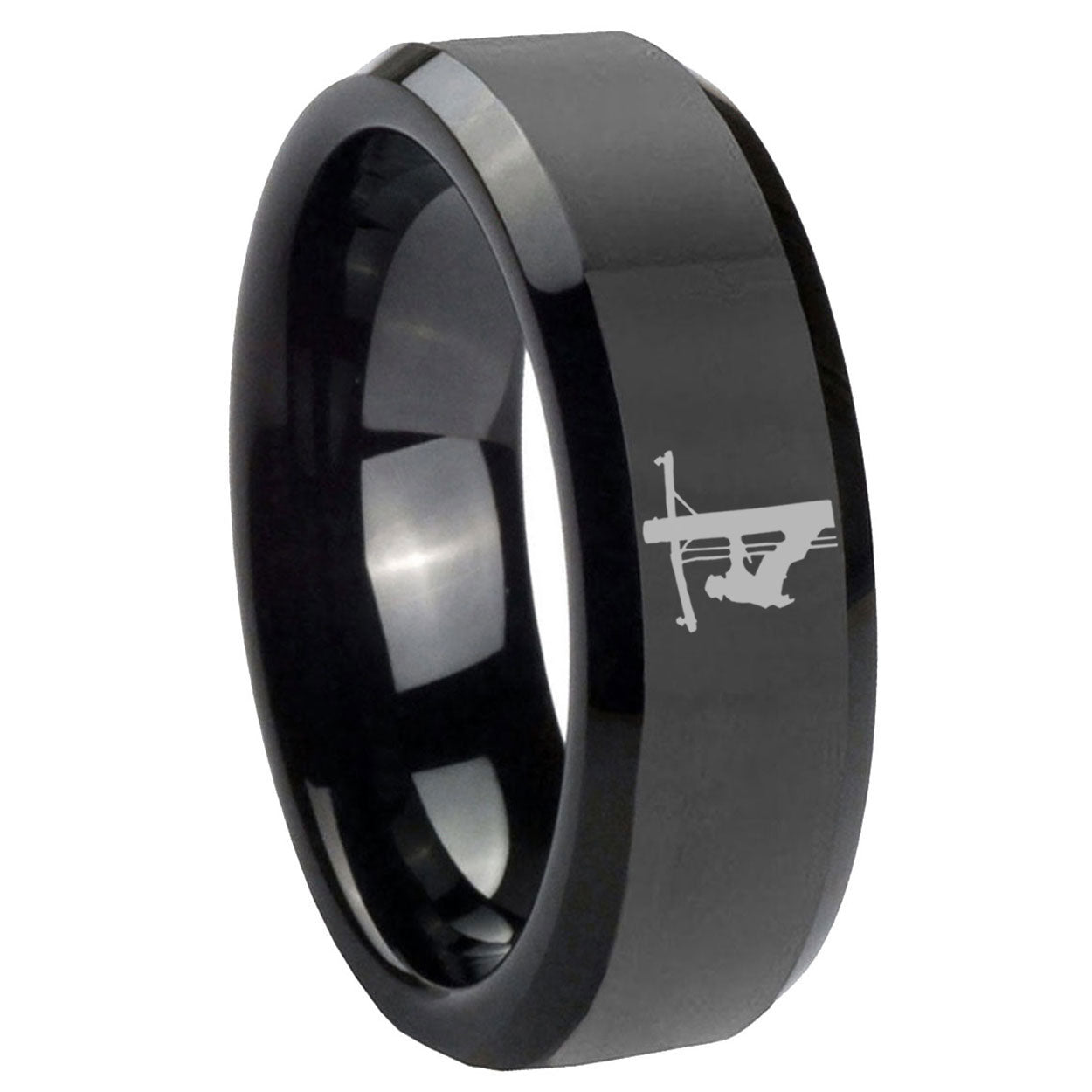8mm Lineman Symbol Beveled Edge Polish Black Tungsten Ring
