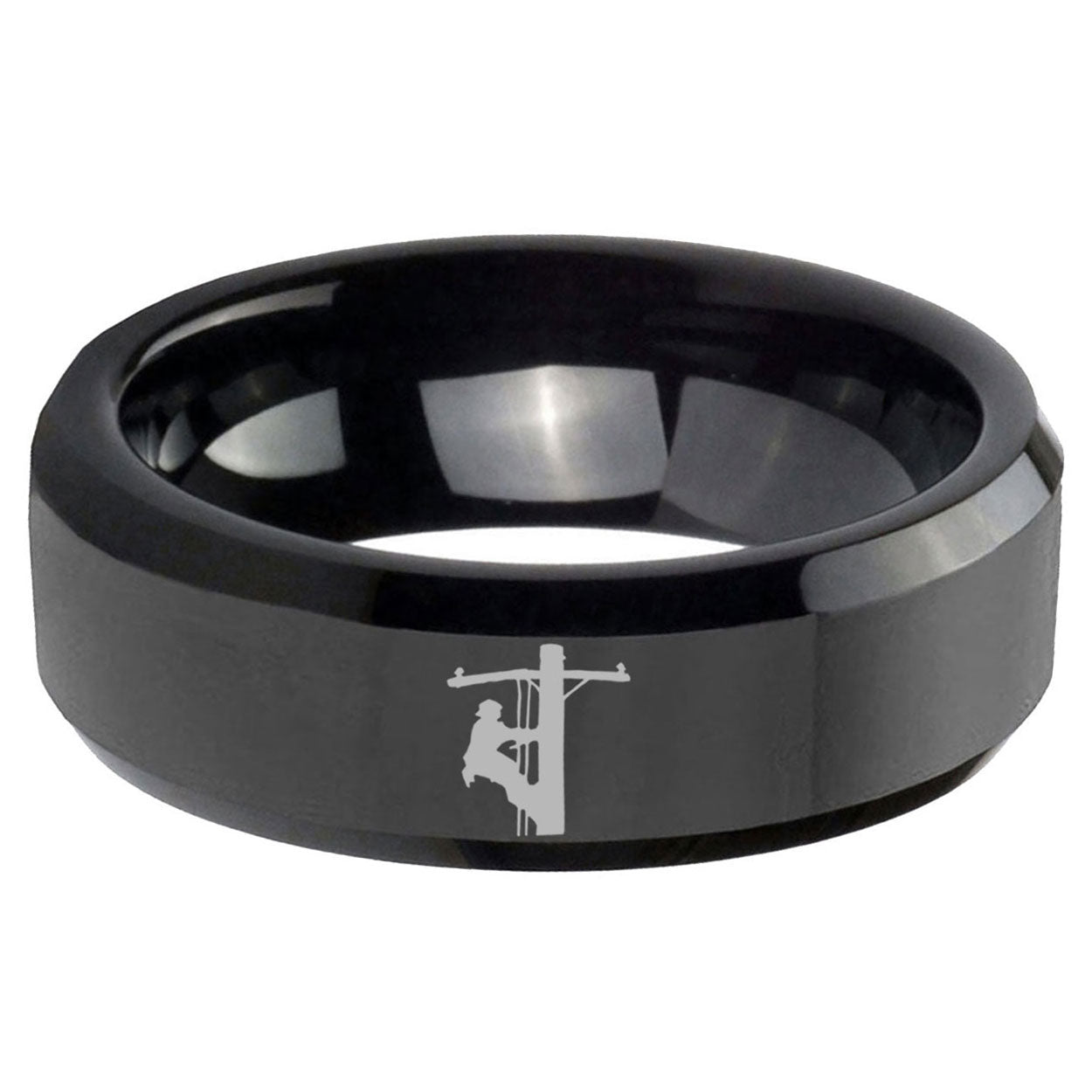 5mm Lineman Symbol Beveled Edge Polish Black Tungsten Ring