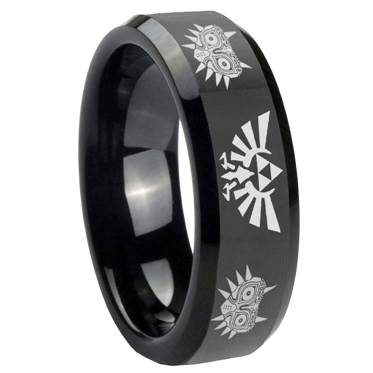 8mm Zelda Majora's Mask Beveled Edge Polish Black Tungsten Ring