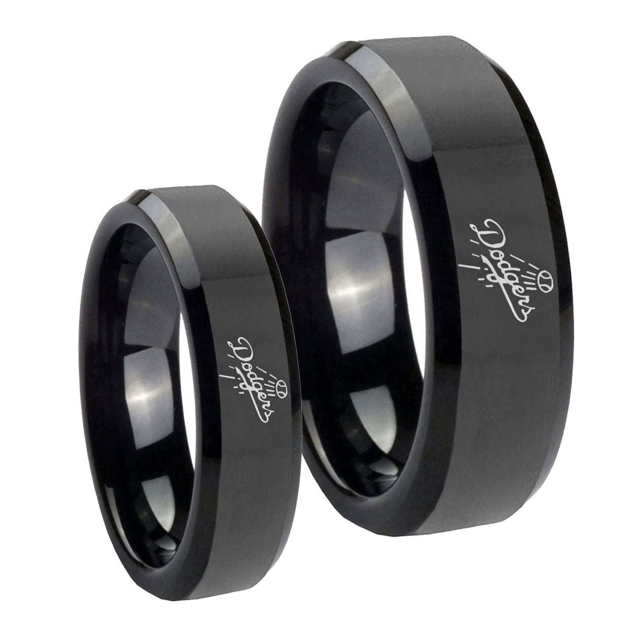 LA Dogers MLB Baseball Beveled Black Tungsten Couples Ring Set