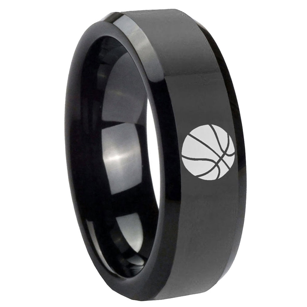10mm Basketball Beveled Edges Black Tungsten Carbide Mens Ring Personalized