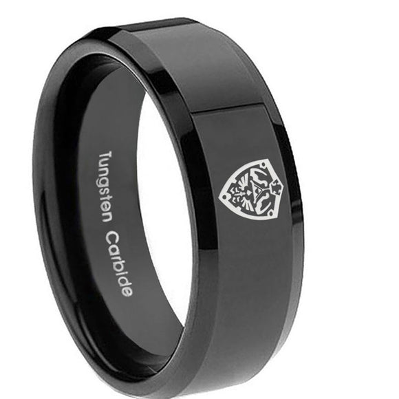 10mm-Zelda-Hylian-Shield-Beveled-Edges-Black-Tungsten-Carbide-Bands-Ring