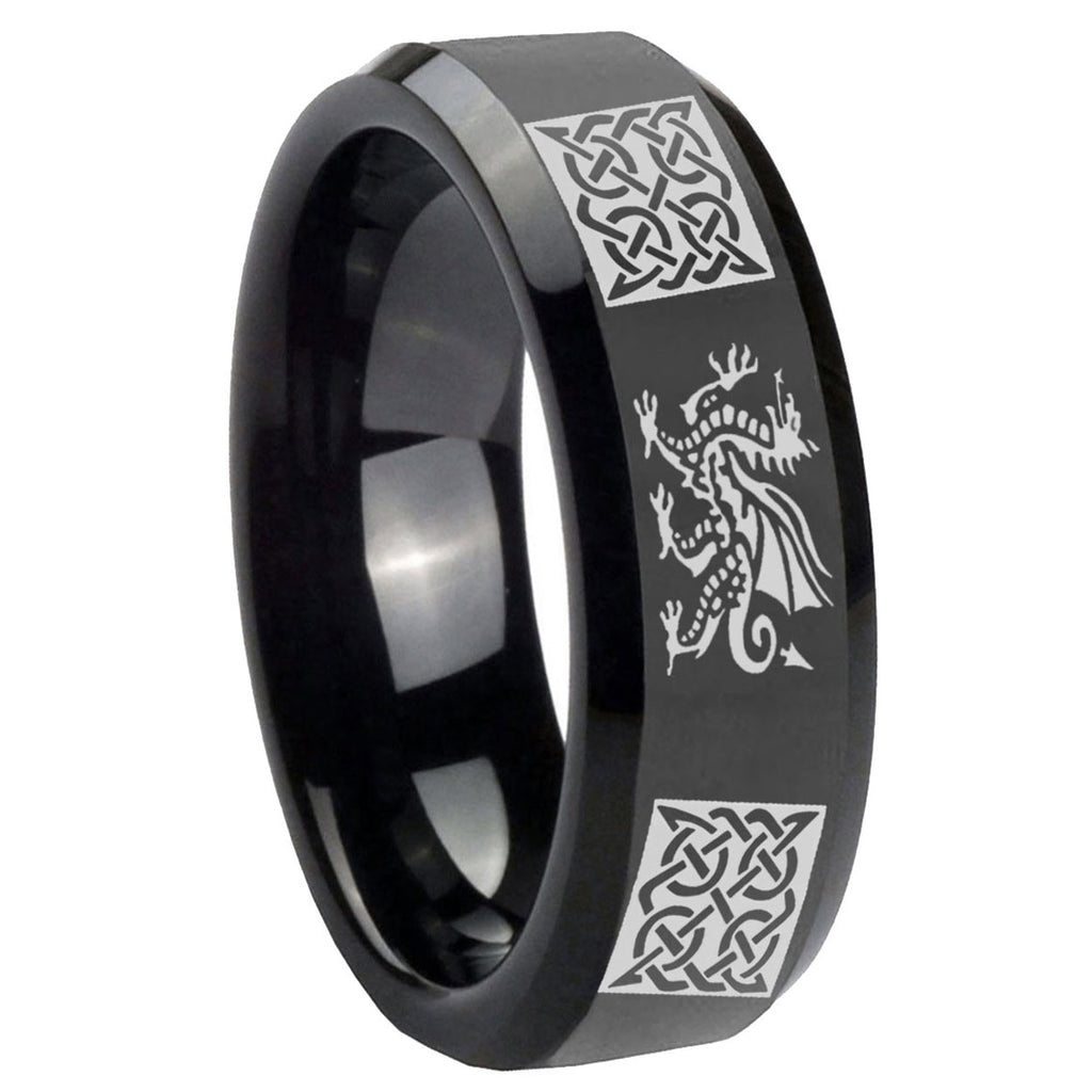 10mm Multiple Dragon Celtic Beveled Edges Black Tungsten Mens Wedding Ring