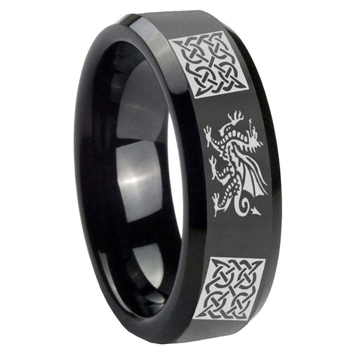 10mm Multiple Dragon Celtic Beveled Edges Black Tungsten Mens Wedding Ring