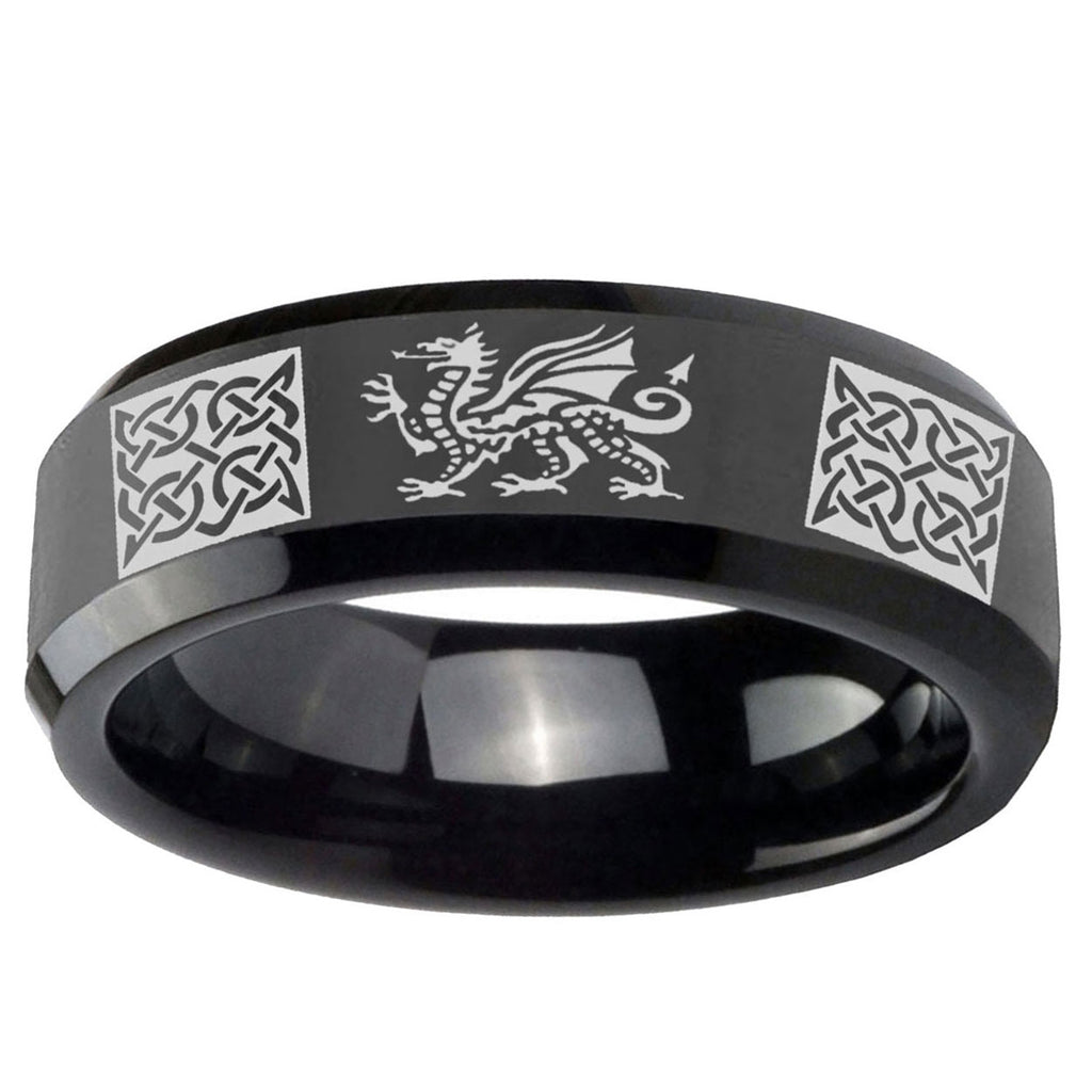 10mm Multiple Dragon Celtic Beveled Edge Black Tungsten Mens Wedding Ring