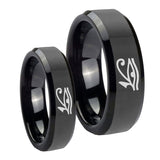 His Hers Seeing Eye Beveled Edges Black Tungsten Mens Ring Personalized Set