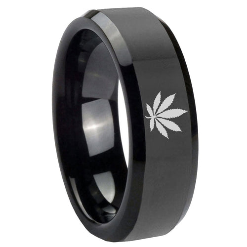 8mm Marijuana Leaf Beveled Edges Black Tungsten Men's Ring