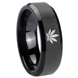 His Hers Marijuana Leaf Beveled Edges Black Tungsten Mens Wedding Band Set