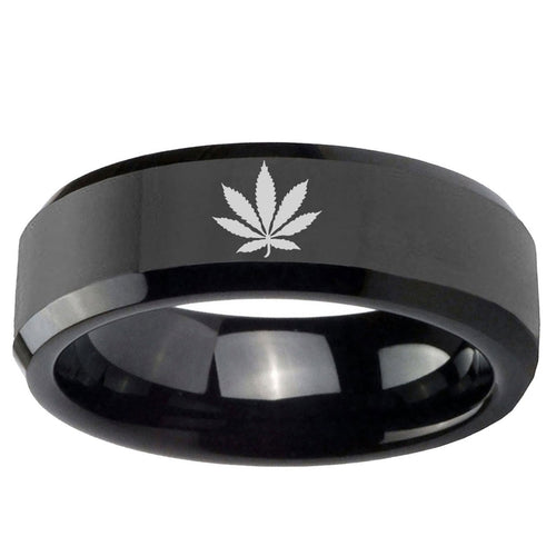 5mm Marijuana Leaf Beveled Edges Black Tungsten Men's Ring