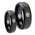 Marijuana Leaf Beveled Edges Black Tungsten Bridal Band Set