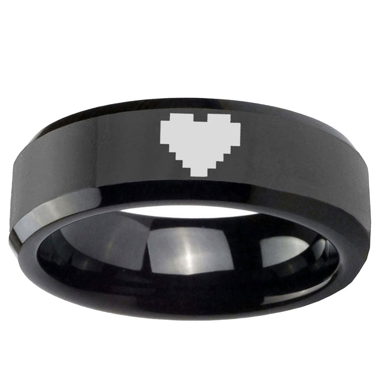 10mm Zelda Heart Glossy Black Beveled Edge Tungsten Ring