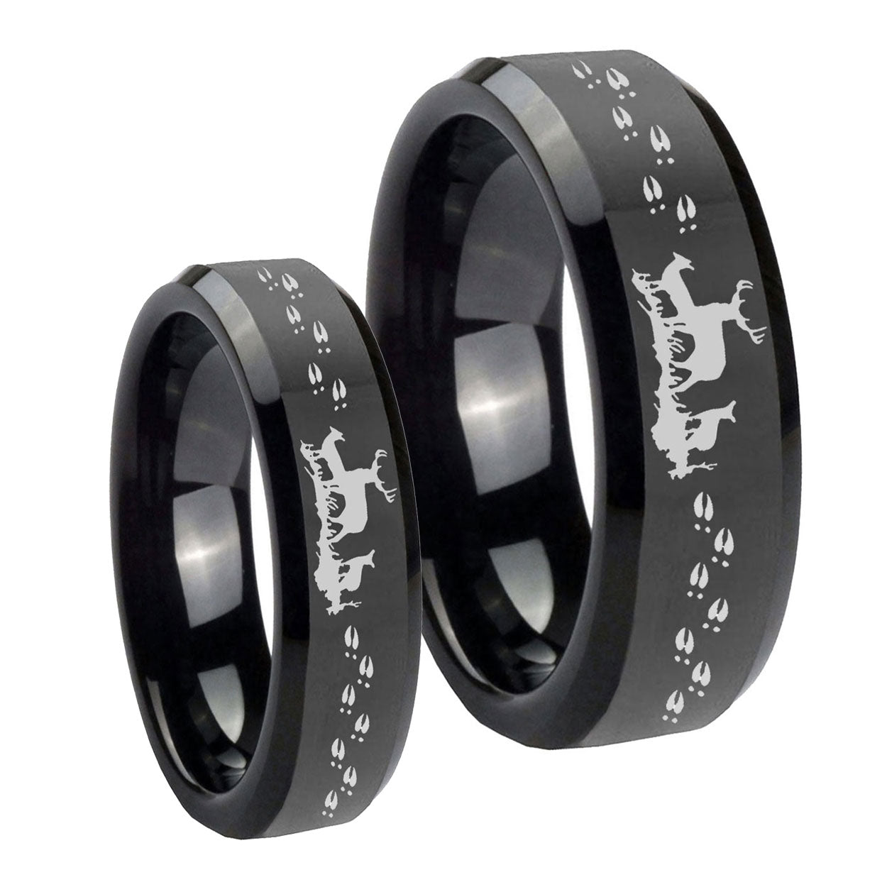 Deer Hunting Beveled Edges Black Tungsten Bridal Set Ring